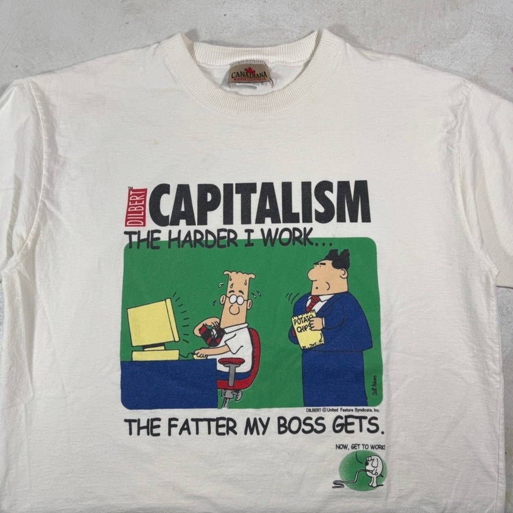 Vintage Dilbert Capitalism Comic T-Shirt Mens XL White 90s Single Stitch Funny